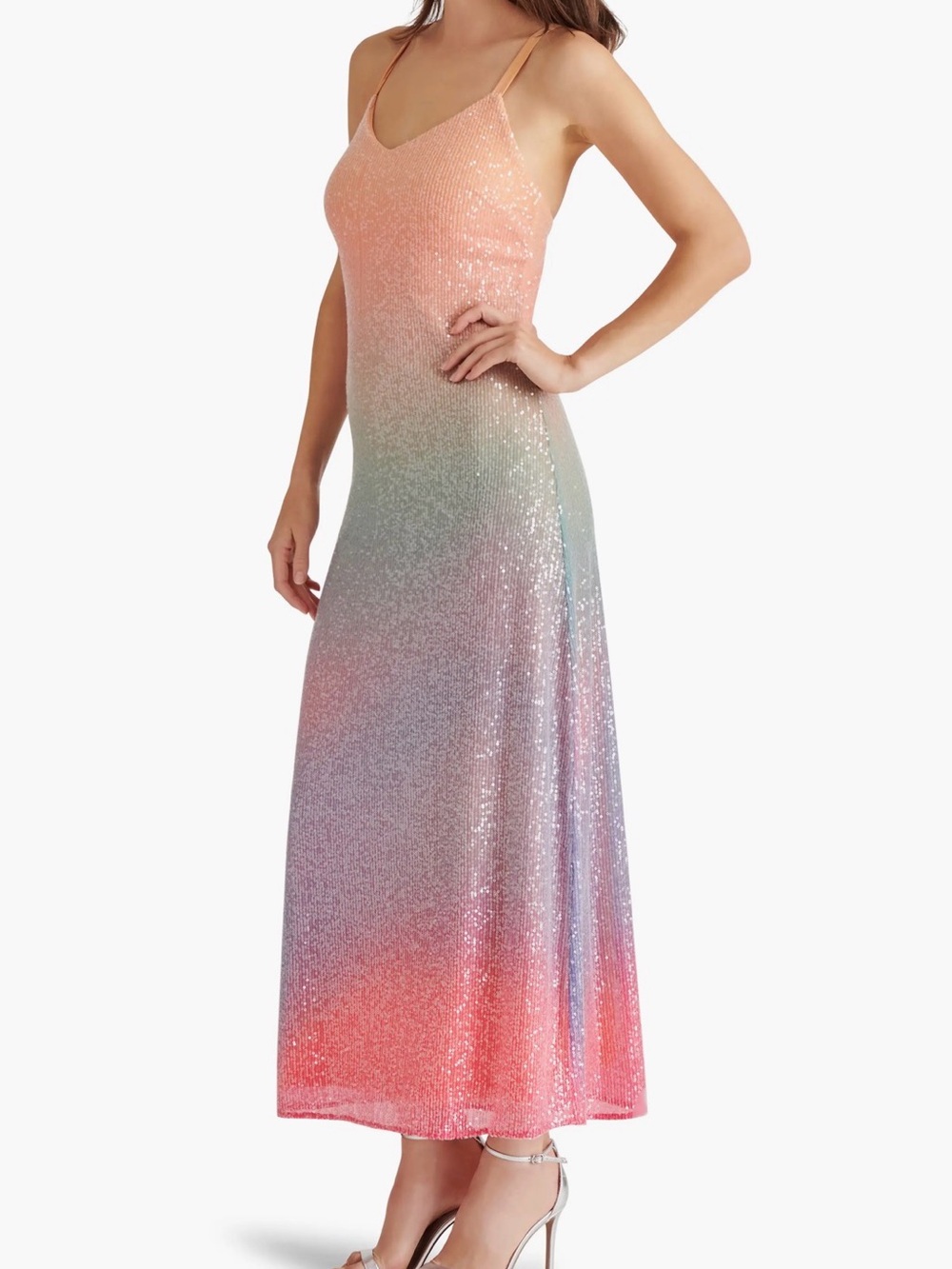 Steve Madden Sparkle Ombre Maxi Dress in Peach, Light Blue, Coral. Sz 4 NWT - Picture 2 of 7